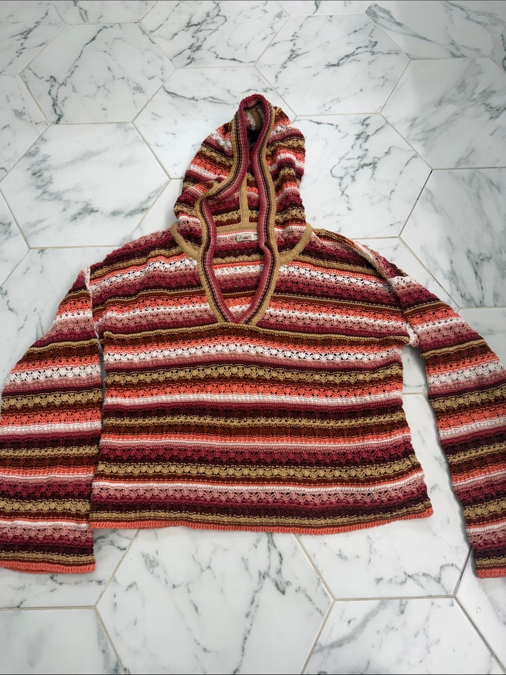Faherty Multicolor Striped Crochet Hooded Sweater in Pink, Brown & Orange